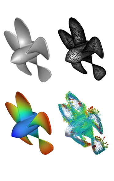 series of propeller images two upper and two down illustrating the CAE process: from initial drawing to meshing, design, and final simulation